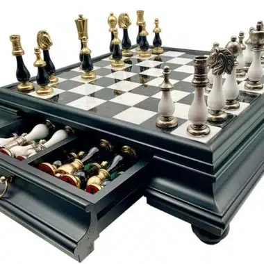 Jeu d'Échecs Arabesque - Échiquier Bois et Albâtre série noire avec tiroir & Pièces en métal et bois laqué