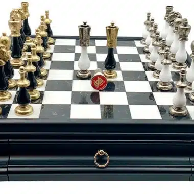 Jeu d'Échecs Arabesque - Échiquier Bois et Albâtre série noire avec tiroir & Pièces en métal et bois laqué