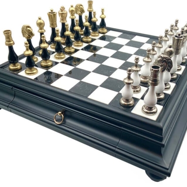 Jeu d'Échecs Arabesque - Échiquier Bois et Albâtre série noire avec tiroir & Pièces en métal et bois laqué