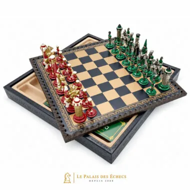 Jeu d'échecs Camelot complet sur échiquier en similicuir avec coffret de rangement