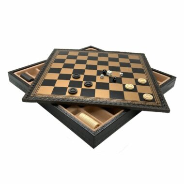 Jeu d'Échecs Arabesque - Échiquier - Backgammon et Jeu de dames en similicuir & Pièces d'échecs en métal
