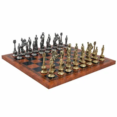 Jeu d'échecs Napoléon complet sur échiquier en similicuir marron et noir