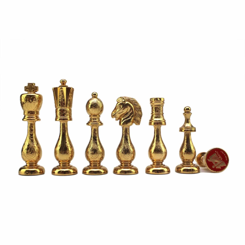 Jeu d'Échecs Arabesque - Échiquier en bois et Albâtre de Toscane avec tiroir & Pièces en métal plaqué or