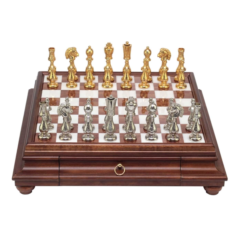 Jeu d'Échecs Arabesque - Échiquier en bois et Albâtre de Toscane avec tiroir & Pièces en métal plaqué or