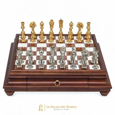 Jeu d'échecs Arabesque complet sur échiquier en bois et albâtre avec tiroir