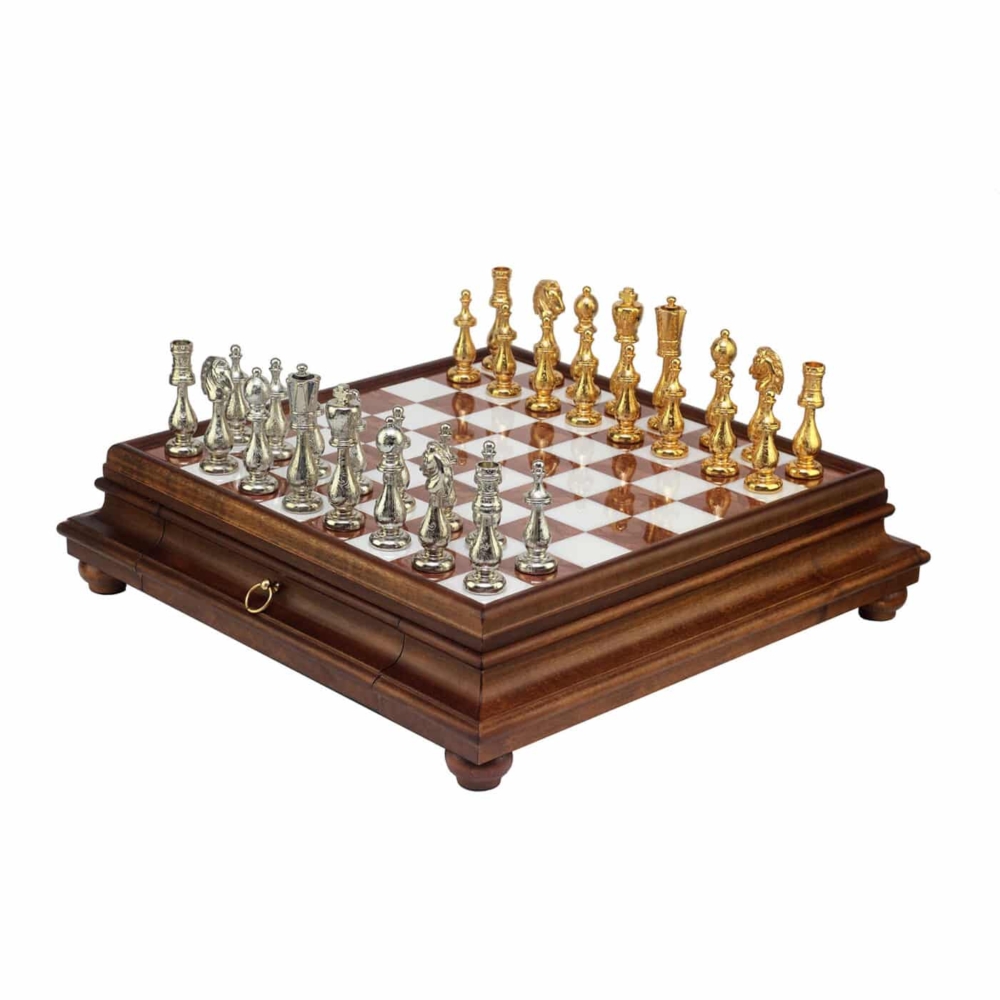 Jeu d'Échecs Arabesque - Échiquier en bois et Albâtre de Toscane avec tiroir & Pièces en métal plaqué or