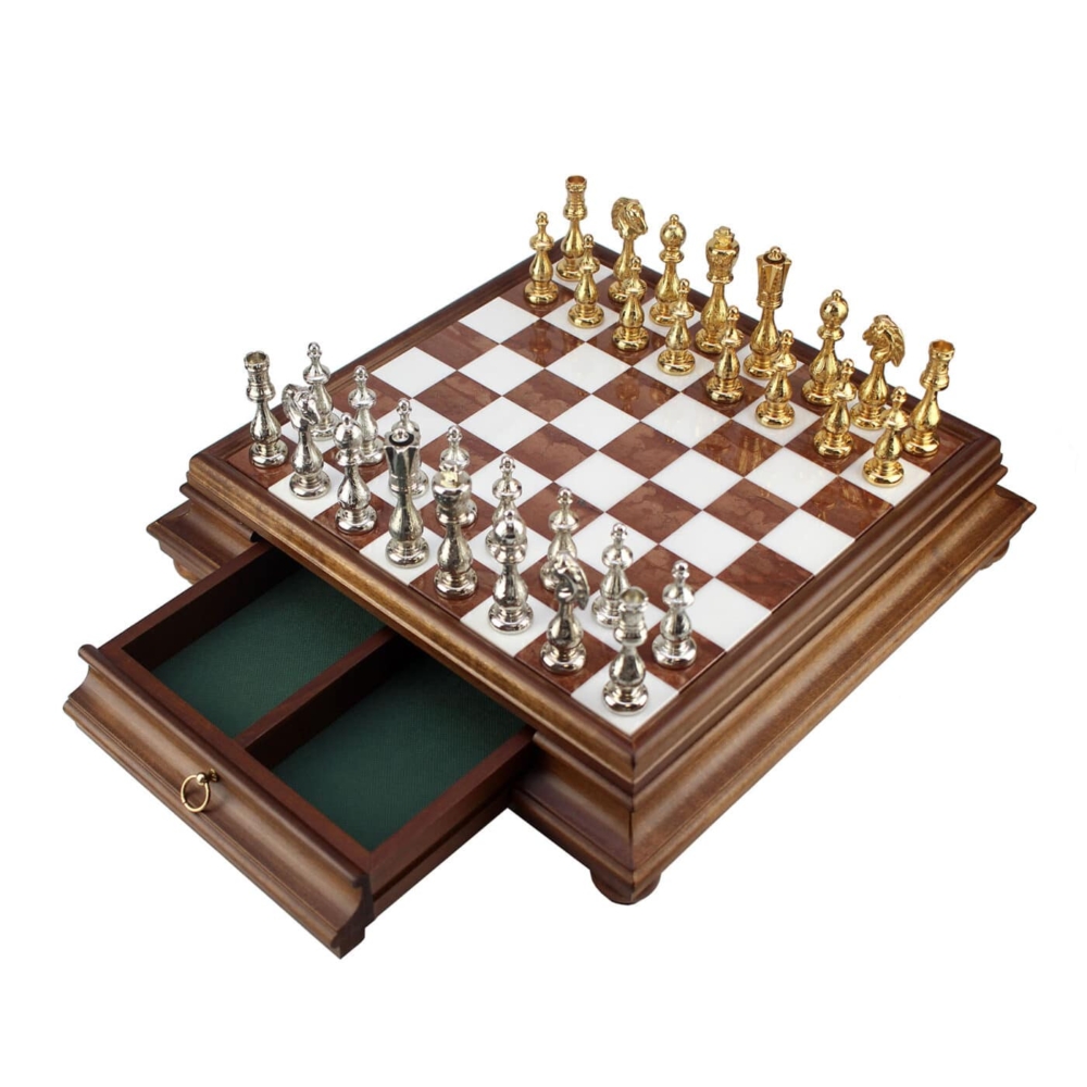 Jeu d'Échecs Arabesque - Échiquier en bois et Albâtre de Toscane avec tiroir & Pièces en métal plaqué or