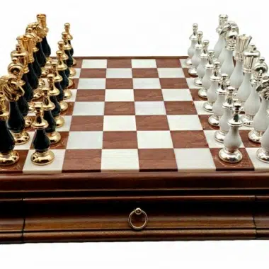 Jeu d'Échecs Grand Oriental Noir et Blanc - Échiquier en bois et Albâtre de Toscane avec tiroir & Pièces en bois et laiton massif