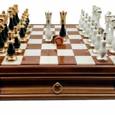 Jeu d'Échecs Grand Oriental Noir et Blanc - Échiquier en bois et Albâtre de Toscane avec tiroir & Pièces en bois et laiton massif