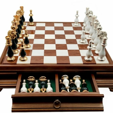 Jeu d'Échecs Grand Oriental Noir et Blanc - Échiquier en bois et Albâtre de Toscane avec tiroir & Pièces en bois et laiton massif