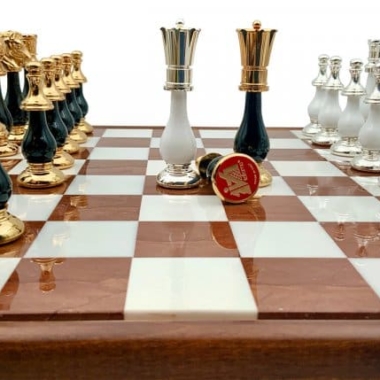 Jeu d'Échecs Grand Oriental Noir et Blanc - Échiquier en bois et Albâtre de Toscane avec tiroir & Pièces en bois et laiton massif