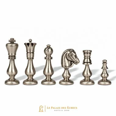 Pièces d'échecs en laiton massif argenté, tour, fou, cavalier et roi