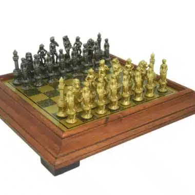 Jeu d'Échecs Florentin - Échiquier Effet Laiton à Cadre en Bois & Pièces en Métal