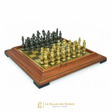 Jeu d'échecs Florentin complet sur échiquier effet laiton et cadre en bois