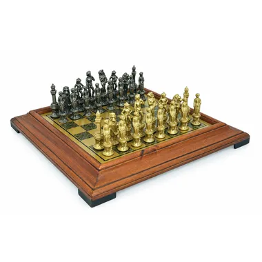 Jeu d'échecs Florentin complet sur échiquier effet laiton et cadre en bois