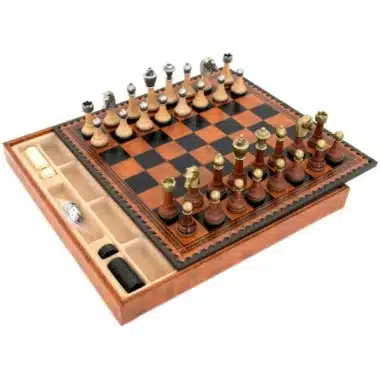 Jeu d'Échecs Classique - Échiquier - Backgammon et Jeu de dames en similicuir avec rangement & Pièces en bois et métal