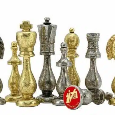 Jeu d'Échecs Arabesque - Échiquier en Bois et Albâtre de Toscane avec Tiroir & Pièces en Métal Plaqué or – Image 7