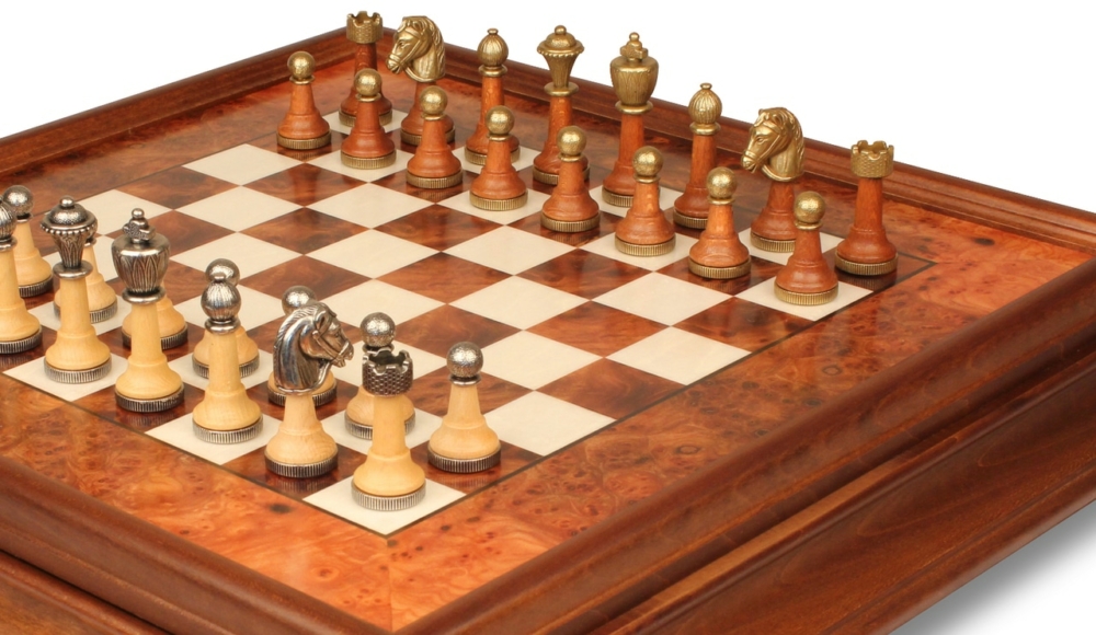 Jeu d'Échecs Classique - Échiquier en bois de Bruyère et Bois d'Orme avec tiroir & Pièces en métal et bois