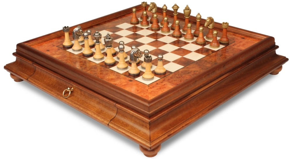 Jeu d'Échecs Classique - Échiquier en bois de Bruyère et Bois d'Orme avec tiroir & Pièces en métal et bois