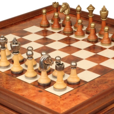 Jeu d'Échecs Classique - Échiquier en bois de Bruyère et Bois d'Orme avec tiroir & Pièces en métal et bois