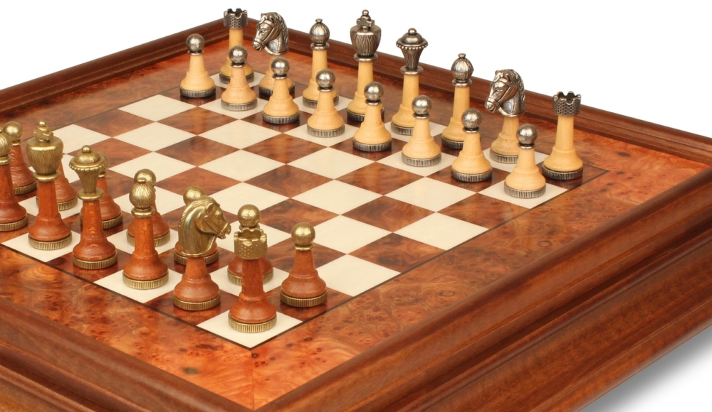 Jeu d'Échecs Classique - Échiquier en bois de Bruyère et Bois d'Orme avec tiroir & Pièces en métal et bois