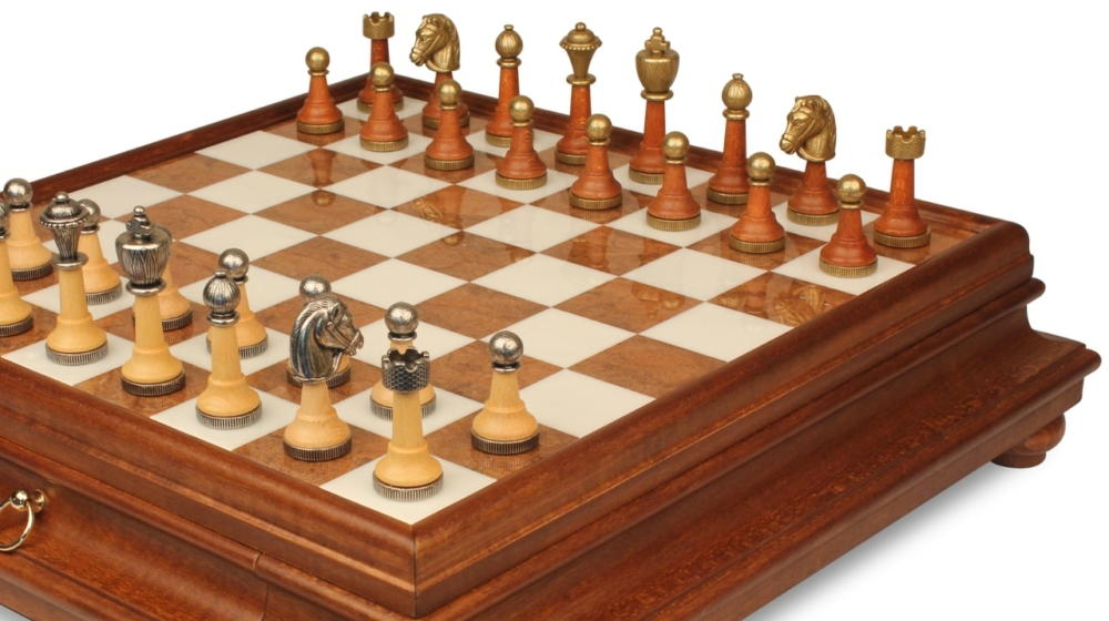 Jeu d'Échecs Classique - Échiquier en bois et Albâtre de Toscane avec tiroir & Pièces en métal et bois