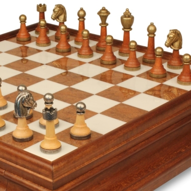 Jeu d'Échecs Classique - Échiquier en bois et Albâtre de Toscane avec tiroir & Pièces en métal et bois