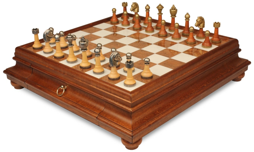 Jeu d'Échecs Classique - Échiquier en bois et Albâtre de Toscane avec tiroir & Pièces en métal et bois