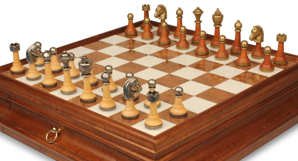 Jeu d'Échecs Classique - Échiquier en bois et Albâtre de Toscane avec tiroir & Pièces en métal et bois