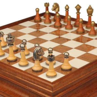 Jeu d'Échecs Classique - Échiquier en bois et Albâtre de Toscane avec tiroir & Pièces en métal et bois