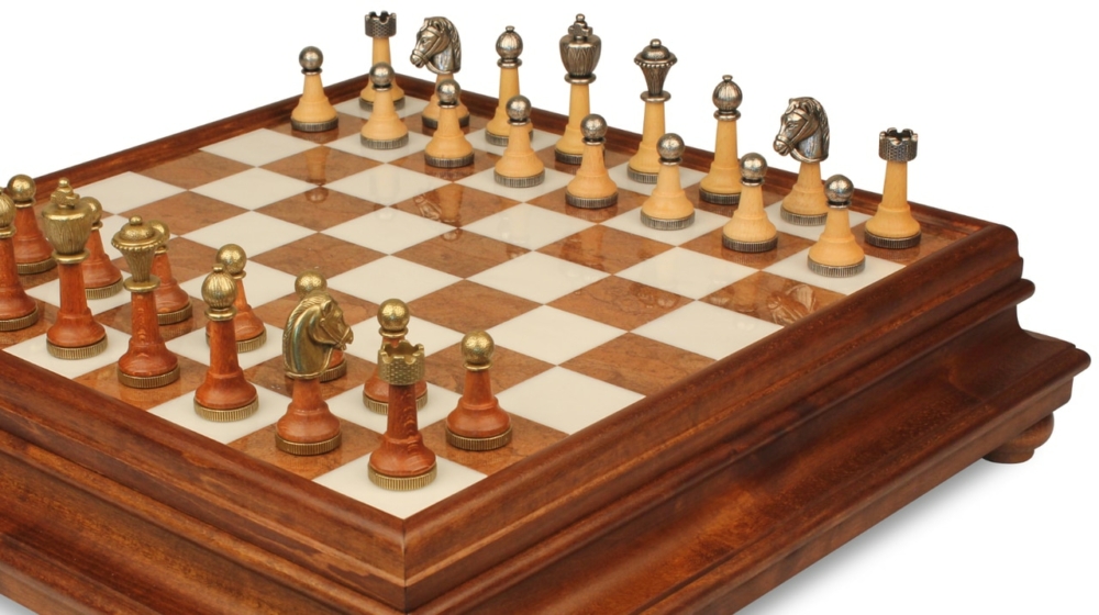 Jeu d'Échecs Classique - Échiquier en bois et Albâtre de Toscane avec tiroir & Pièces en métal et bois