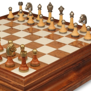 Jeu d'Échecs Classique - Échiquier en bois et Albâtre de Toscane avec tiroir & Pièces en métal et bois