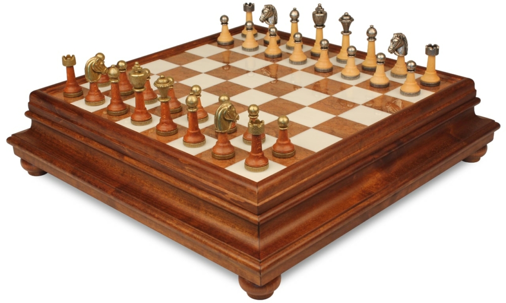 Jeu d'Échecs Classique - Échiquier en bois et Albâtre de Toscane avec tiroir & Pièces en métal et bois