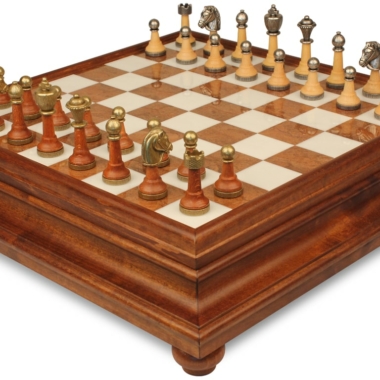 Jeu d'Échecs Classique - Échiquier en bois et Albâtre de Toscane avec tiroir & Pièces en métal et bois