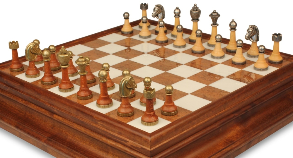 Jeu d'Échecs Classique - Échiquier en bois et Albâtre de Toscane avec tiroir & Pièces en métal et bois