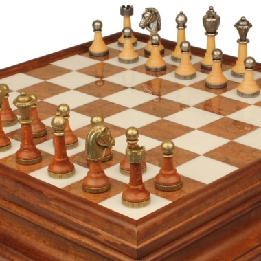 Jeu d'Échecs Classique - Échiquier en bois et Albâtre de Toscane avec tiroir & Pièces en métal et bois