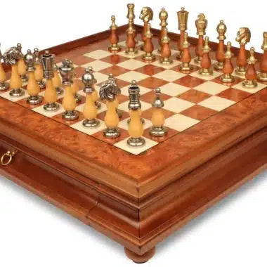 Jeu d'Échecs Arabesque - Échiquier en bois de Bruyère et Bois d'Orme avec tiroir & Pièces en métal et bois