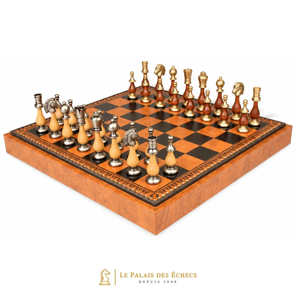 Jeu d'Échecs Grand Oriental complet sur échiquier en similicuir, vue d'ensemble
