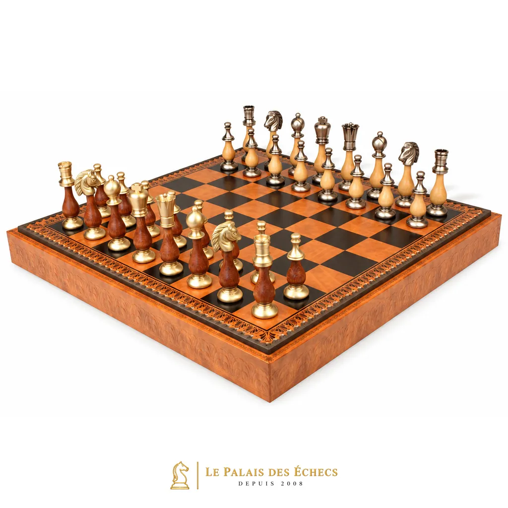 Jeu d'Échecs Grand Oriental en position de jeu sur l'échiquier en similicuir