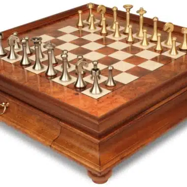 Jeu d'Échecs Contemporain - Échiquier en bois de Bruyère et Bois d'Orme avec tiroir & Pièces en métal
