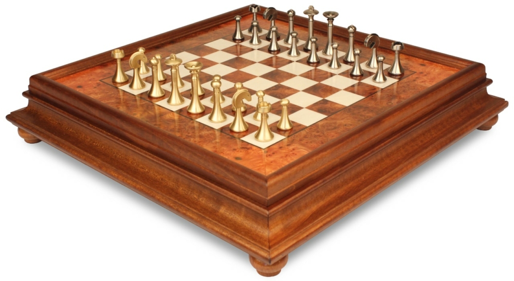 Jeu d'Échecs Contemporain - Échiquier en bois de Bruyère et Bois d'Orme avec tiroir & Pièces en métal