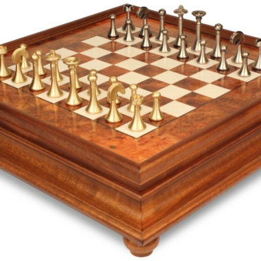 Jeu d'Échecs Contemporain - Échiquier en bois de Bruyère et Bois d'Orme avec tiroir & Pièces en métal