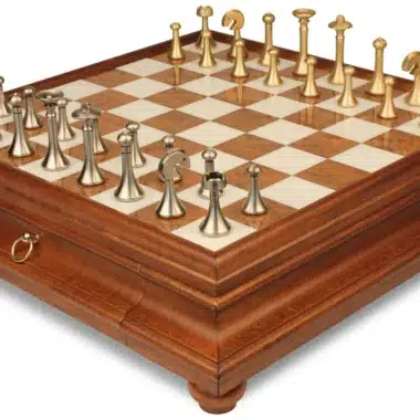 Jeu d'Échecs Contemporain - Échiquier en bois et Albâtre de Toscane avec tiroir & Pièces en laiton