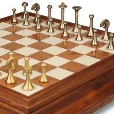 Jeu d'Échecs Contemporain - Échiquier en bois et Albâtre de Toscane avec tiroir & Pièces en laiton