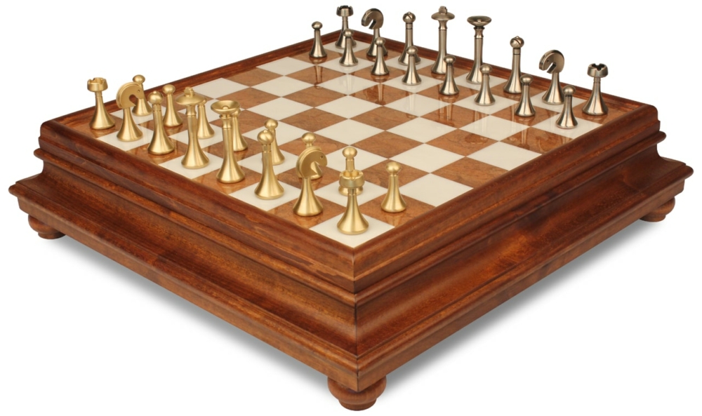 Jeu d'Échecs Contemporain - Échiquier en bois et Albâtre de Toscane avec tiroir & Pièces en laiton