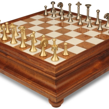 Jeu d'Échecs Contemporain - Échiquier en bois et Albâtre de Toscane avec tiroir & Pièces en laiton