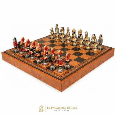 Jeu d'échecs Moncada en vue d'ensemble sur le coffret en similicuir marqueté