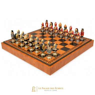 Jeu d'échecs Moncada vu de dessus sur son échiquier en similicuir
