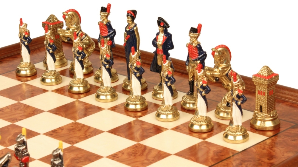 Jeu d'Échecs Napoléon - Échiquier en bois de Bruyère et Bois d'Orme avec tiroir & Pièces en métal