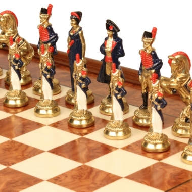 Jeu d'Échecs Napoléon - Échiquier en bois de Bruyère et Bois d'Orme avec tiroir & Pièces en métal